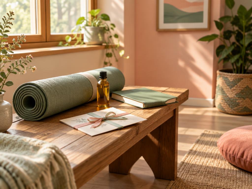 A calm studio bench with a rolled mat, an oil bottle and a ribboned card